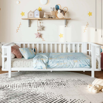 Children's Double Wooden Platform Bed With Railings, Low Iron Frame, Safe And Sturdy For Girls And Boys