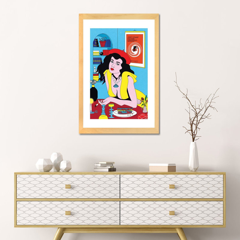 «Lunch» par Cosmo - impression d'art graphique, H 24 po x l 16 po x P 1 po, Blanc, Toile avec cadre en bois beige
