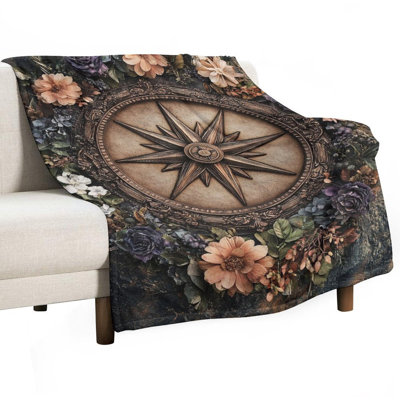 Jeté en flanelle ornée de boussole ornée d'une couronne florale, couverture douce et chaude pour le canapé-lit du salon