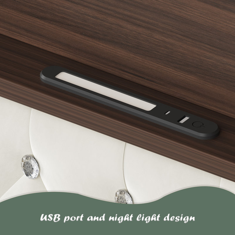 Cadre de lit doux en velours capitonné avec port USB et veilleuse, tête de lit haute 52 po avec rivets, lit plateforme à oreilles avec tablette de tête de lit