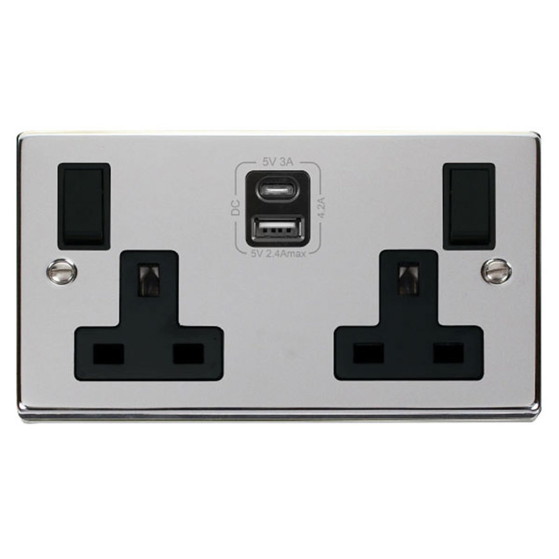 Polished Chrome 2 Gang 13A Type A & C USB Twin Double Switched Plug Socket