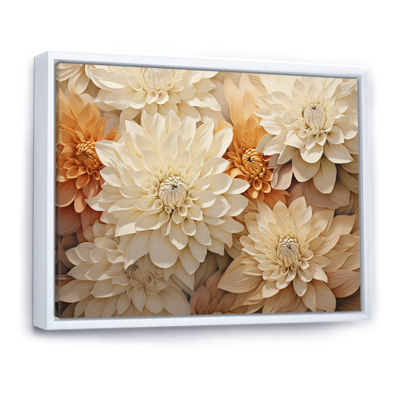 Minimalisme des mamans en fleurs en beige et or, H 30 po x l 40 po x P 1,5 po, Cadre flottant blanc