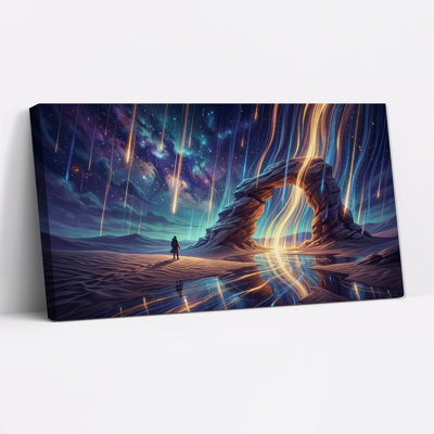 Lone Figure At Rock Arch Under Glowing Streaks Of Light Canvas Wall Art