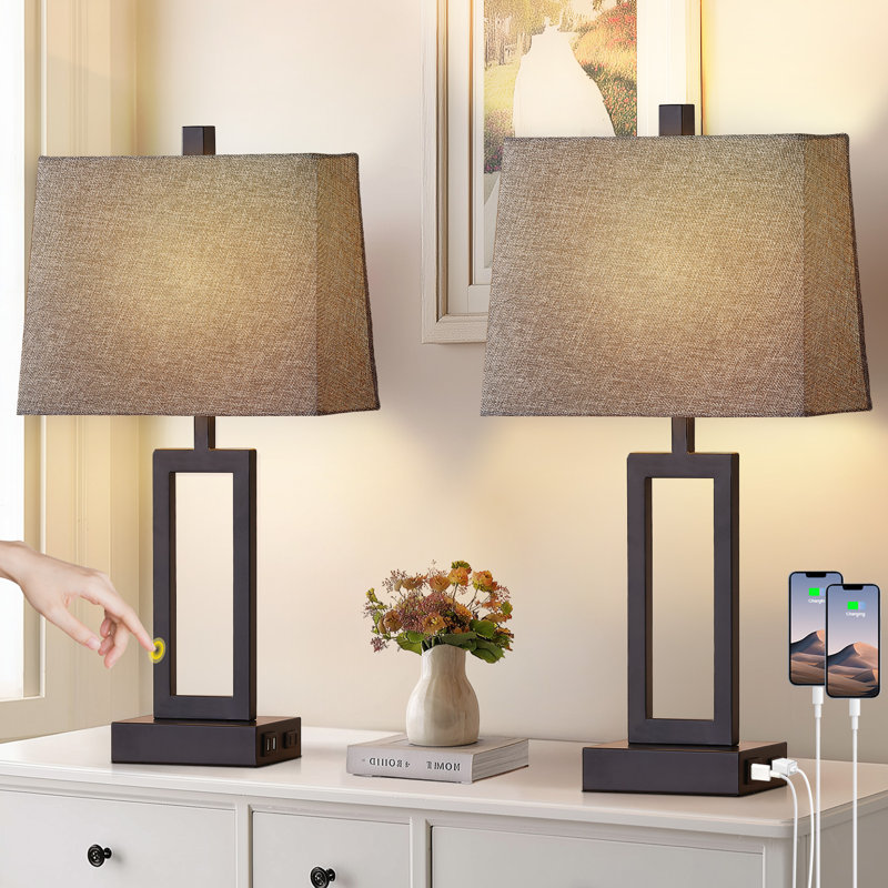 Damajae 23.5" Metal USB Table Lamp Set with Touch Control and AC Outlet, Gray
