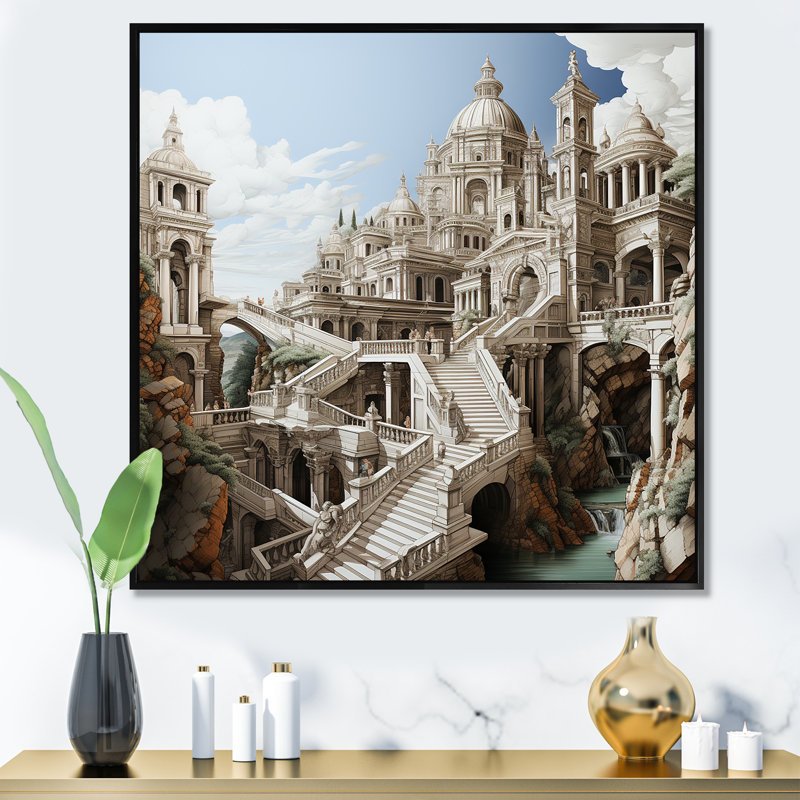 Dessin d'analyse d'un monument sur toile, Cadre flottant noir, H 36 po x l 36 po x P 1,5 po