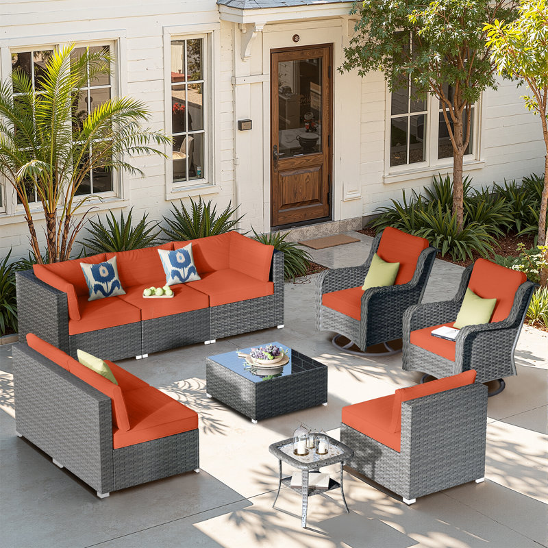 8 - Person Patio Conversation Set with Cushions, Orange Red, No