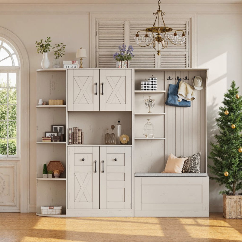 Armoire de vestibule multifonctionnelle 2-en-1 avec rangement et 4 crochets, Beige