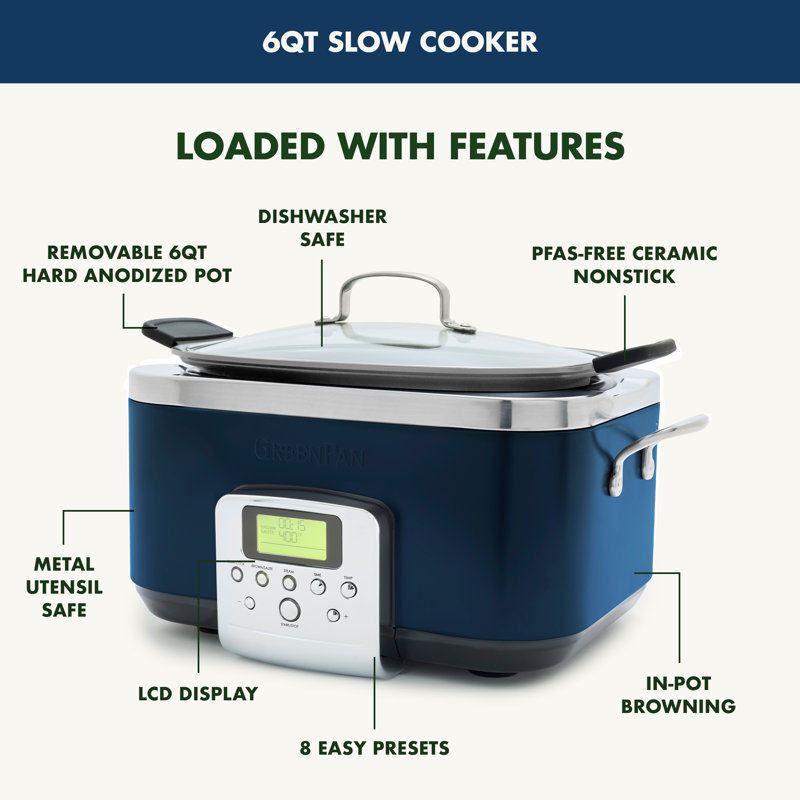 GreenPan Elite Ceramic Nonstick 6-Quart Slow Cooker, Oxford Blue