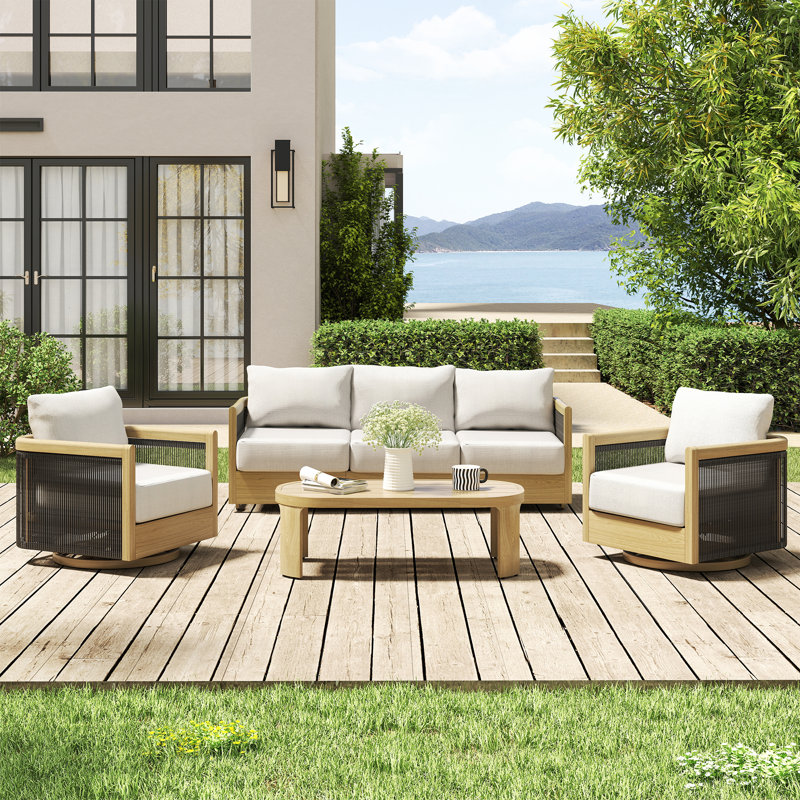 Ensemble de conversation pour patio en corde de bois tissé à la main 4 pièces avec chaises pivotantes, coussins beiges et table basse Bludov