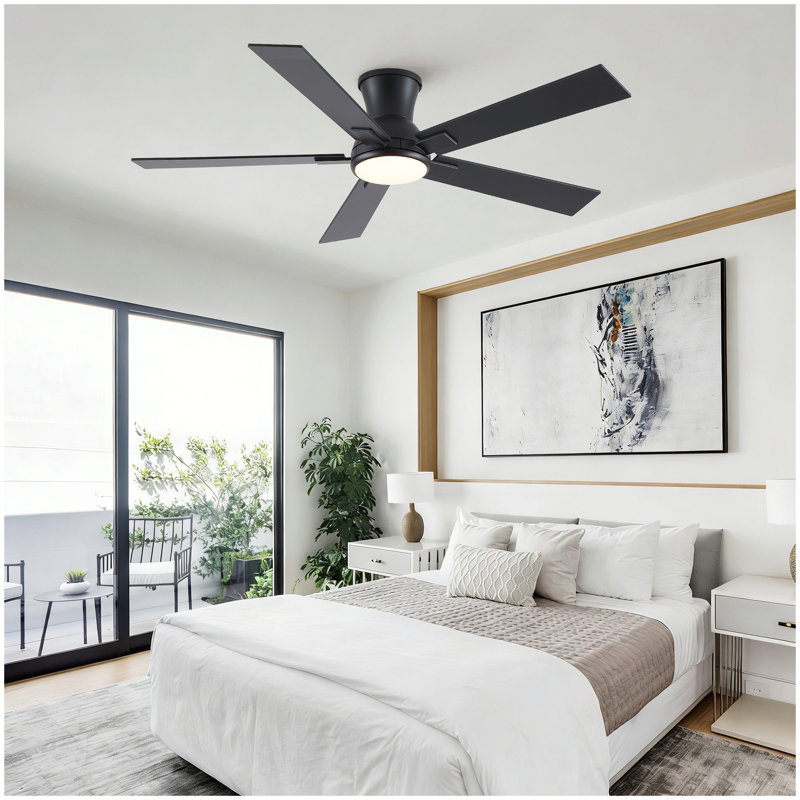Ventilateur de plafond encastré moderne à profil bas 52 po avec lumière et moteur silencieux réversible noir mat 52 po