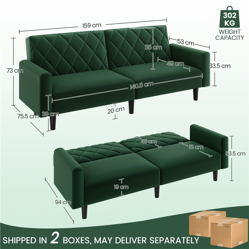 2-Seater Sofa Bed Aidden With Adjustable Backrest, Green