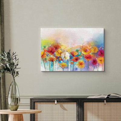 Flower Blossom "Watercolor Rainbow Effect Yellow and Red Daisies Colorful" sur toile