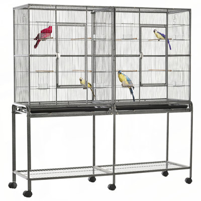 PawHut 65" Double Rolling Metal Bird Cage Feeder with Detachable Rolling Stand, Storage Shelf, Wood Perch & Food Container