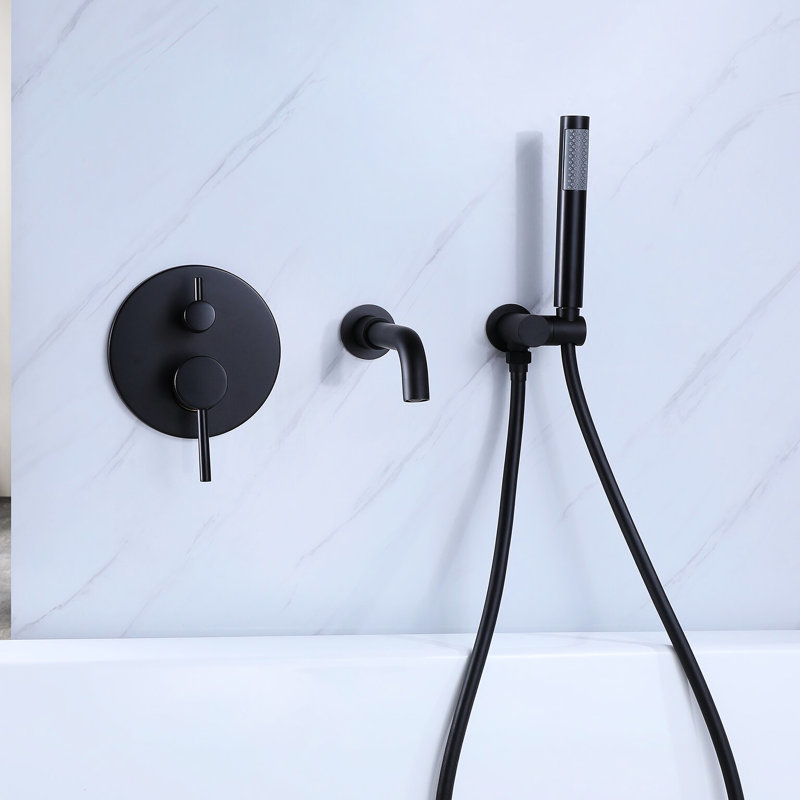 Robinet mural noir mat pour douche et baignoire avec 2 poignées - laiton, valve équilibrée, résistance à la rouille, douchette à main 59 ", GPM, nickel, vis de fixation incluses