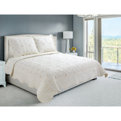 Marina Decoration Home Embroidery Bedding Stitching Coverlet Bedspread Ultra Soft Solid 3 Piece Summer Embroidered Quilt Set with 2 Quilted Shams, Cream Geometric Circles Color King Size