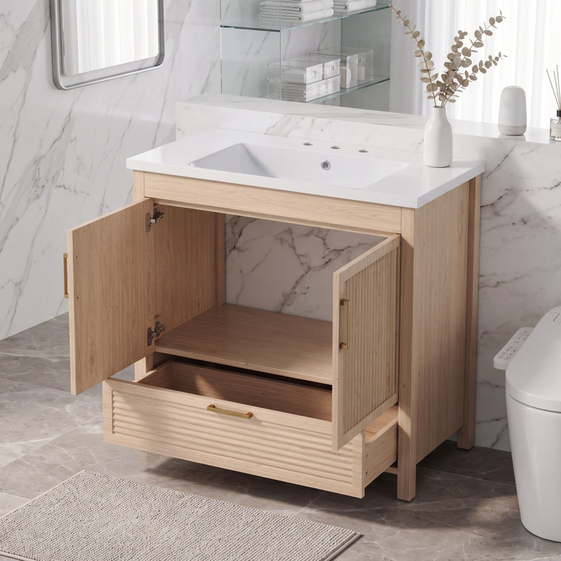 Freestanding Standard Free Standing Single Double Single Vanity Bathroom Vanity With Resin Top, Wood