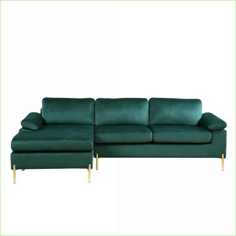 Sectional Sofa, Mid-Century Modern L-Shaped with Chaise, Solid Wood Frame, for Living Room | Velvet | Standard, Green Velvet