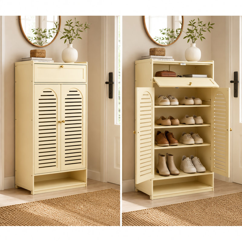 Grande armoire à chaussures crème avec tiroirs et portes persiennes, tablettes réglables, pour hall d'entrée