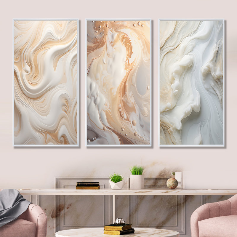 Abstract Milky White Flow, 40'' H x 60'' W, White Floater Framed