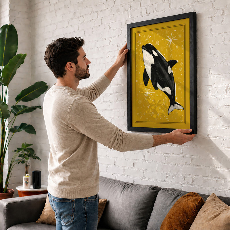 Leaping Whale in Gold Modern - Framed Print, Black, A3 - 42.0 x 29.7 cm