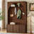 Farmhouse All-in-One Hall Tree with Adjustable Shelves, Retro Arched Entryway Storage Bench with 3 Cabinets, Wooden Coat Rack Organizer with 4 Golden Hooks for Mudroom, Hallway, Walnut-1292094485