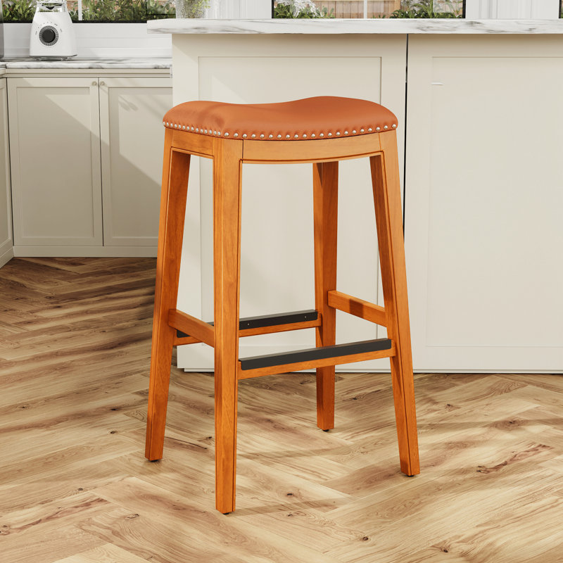 Tabouret 30 ", finition naturelle, siège en cuir, Siège de selle / cadre naturel