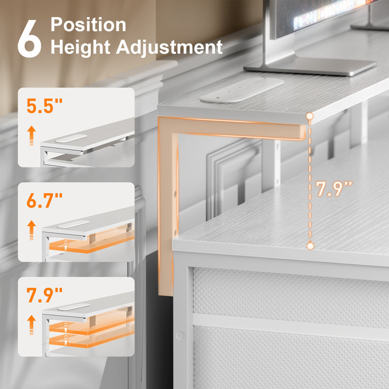 Bureau d'ordinateur 47 pouces avec 8 tiroirs de rangement, bureau de jeu avec lumières DEL et prises de courant USB, table de bureau à domicile avec support pour moniteur, table de travail d'écriture pour chambre à coucher, blanc