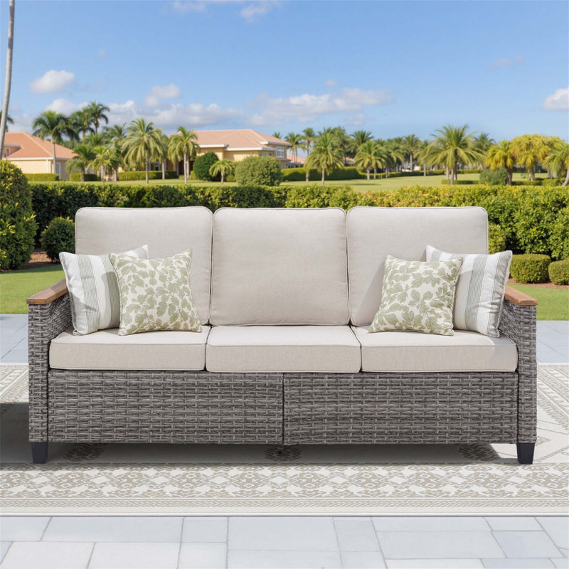 69.7 Inch Wide Outdoor Wicker Patio Sofa, Deep Seating With Plush Cushions For Porch And Garden, Beige, Beige