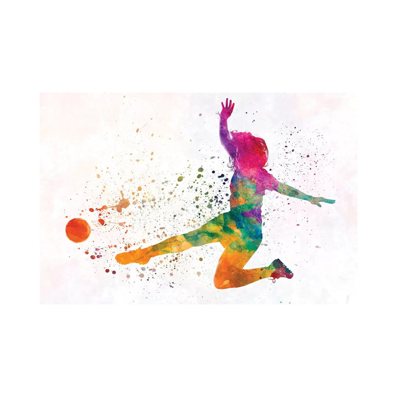 Woman Soccer Player 11 In Watercolour by Paul Rommer - Wrapped Canvas Painting, 20.32cm H x 30.48cm W x 1.91cm D