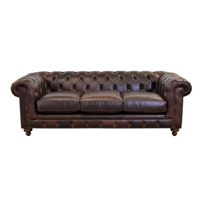 Sirvon 95" Genuine Leather Rolled Arm Chesterfield Sofa