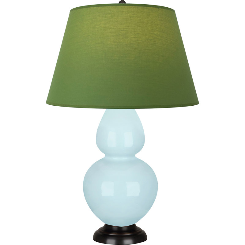 Lampe de table double gourde en céramique, Bleu bébé verni / bronze, Thé vert / taupe, Bronze