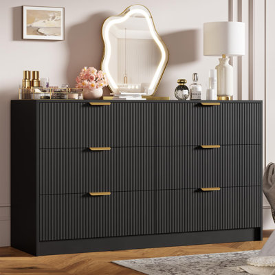 Black 54" Wide Fluted 6-Drawer Dresser – Double Chest with Gold Handles, Large TV Stand & Versatile Storage for Living Room, Bedroom, Hallway