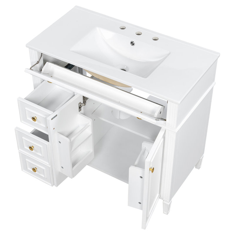 Meuble-lavabo de 36 po avec lavabo, armoire en bois massif avec tiroir rabattable, 3 tiroirs et 2 portes à fermeture en douceur, poignées dorées et design moderne