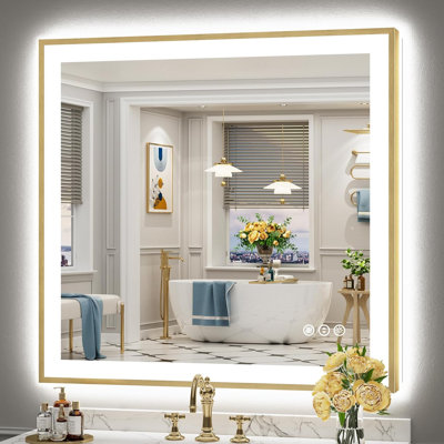 Miroir de salle de bain 40 po x 38 po à DEL avec lumières, miroir de salle de bain anti-buée et rétro-éclairé avec cadre doré brossé et rétro-éclairé pour mur de salle de bain, à intensité variable, 3 couleurs, mémoire, verre trempé HD, IRC ＞ 90