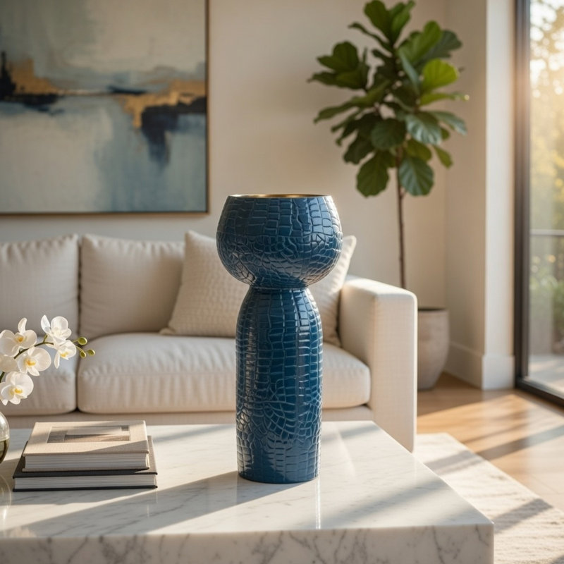 Vase Dany, texture crocodile, base étanche, aluminium bleu 10 pouces