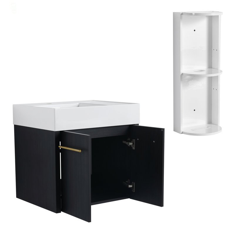 Meuble-lavabo mural 24 po avec lavabo et support de rangement, lavabo gauche en résine à rebords épais, ensemble KD, Gauche