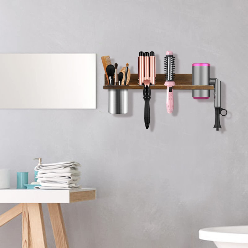 Organisateur d'outils pour cheveux fixé au mur - Support de sèche-cheveux en bois, support pour séchoir à cheveux pour salle de bain, organisateur d'outils de coiffure rustique pour fer plat, brun