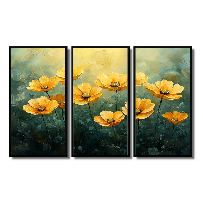 «Dahlia Flower Summer Horizons II» - art mural Dahlia - ensemble de 3, H 28 po x l 36 po, Noir
