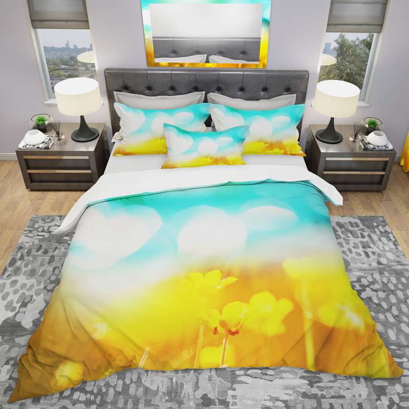 Fleurs jaunes sur fond bleu - Ensemble de housse de couette floral - Polyester en microfibre