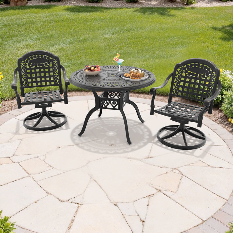 3-Piece Round Cast Aluminum Outdoor Patio Dining Set with Swivel Chairs & Cushions & Umbrella Hole, 2