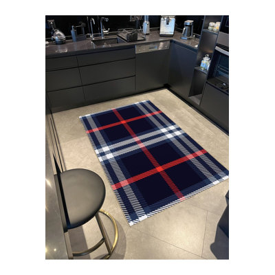Tapis décoratif moderne à motif géométrique rayé bleu marine