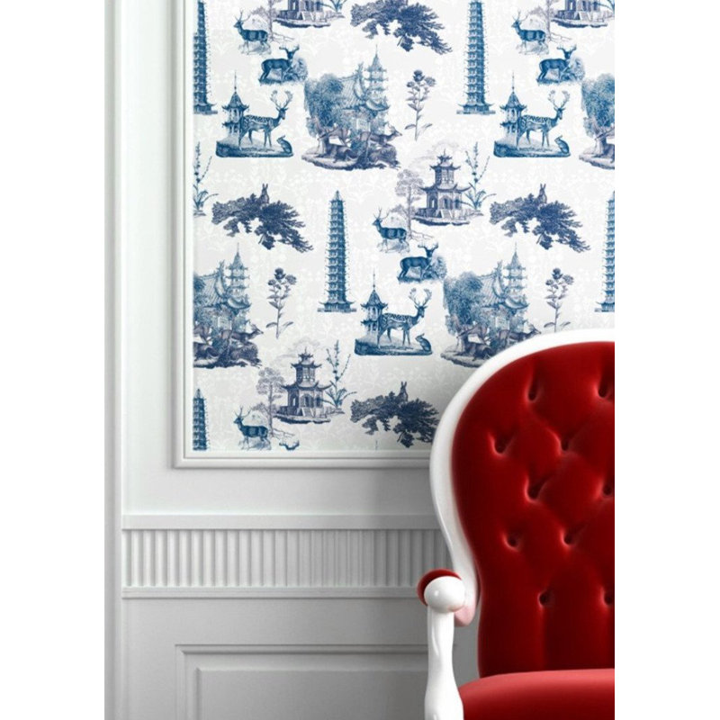 The Signature Pagoda Toile 10' L x 24" W Wallpaper Roll, Moon, Self-adhesive