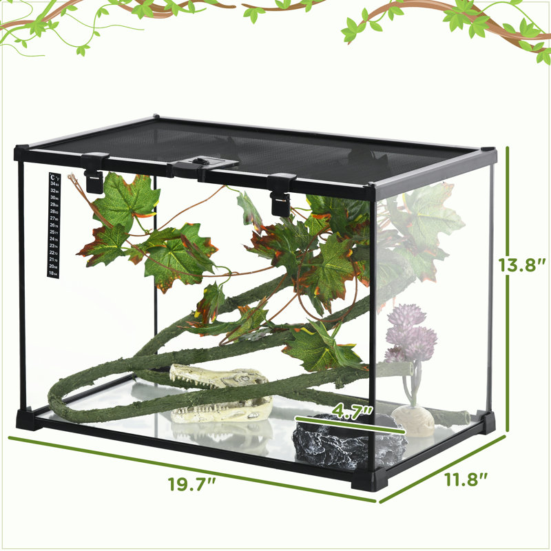 Boîte de terrarium pour reptile 14 gallons, noir avec feuille d'érable et décor de cachette pour les lézards, les serpents, les grenouilles et les araignées