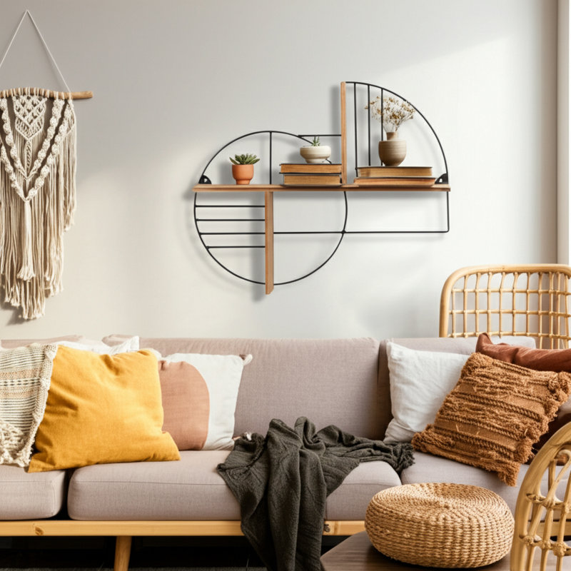 Tablette murale en métal, bois, fer, motif géométrique Boho