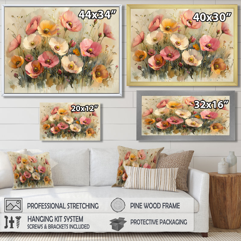 Décoration murale rose bouton d'or rose et blanc - Bouton d'or, Toile encadrée noire simple, H 24 po x l 32 po x P 1 po