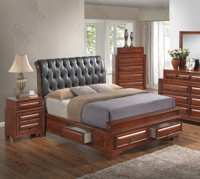 East Bay Vegan Leather Sleigh Storage Bed, Queen, Oak