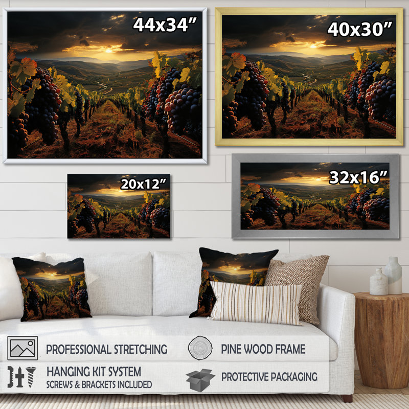«Scenic Vineyard Vibrant Harvest» - art mural grand vignoble, Cadre doré à une seule photo, H 16 po x l 32 po x P 1 po