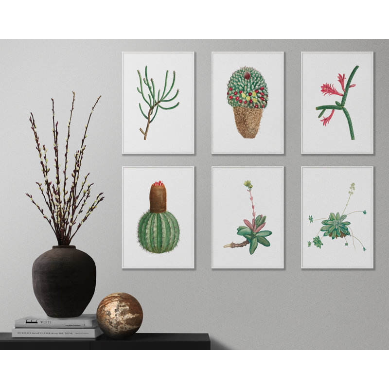Cactus rétro - ensemble de 6 reproductions sans cadre, H 14 po x l 11 po
