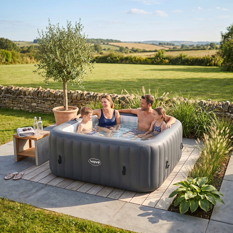 Wave | 4-Person Round Inflatable Hot Tub | 110-Jet PVC Spa with Integrated Heater, Dark Gray
