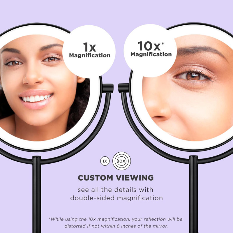 Miroir de maquillage lumineux avec grossissement 1X / 10X double face, 3 réglages de lumière DEL réglables, rotation à 360 °, finition laiton brossé - parfait pour un toilettage précis et une application de maquillage